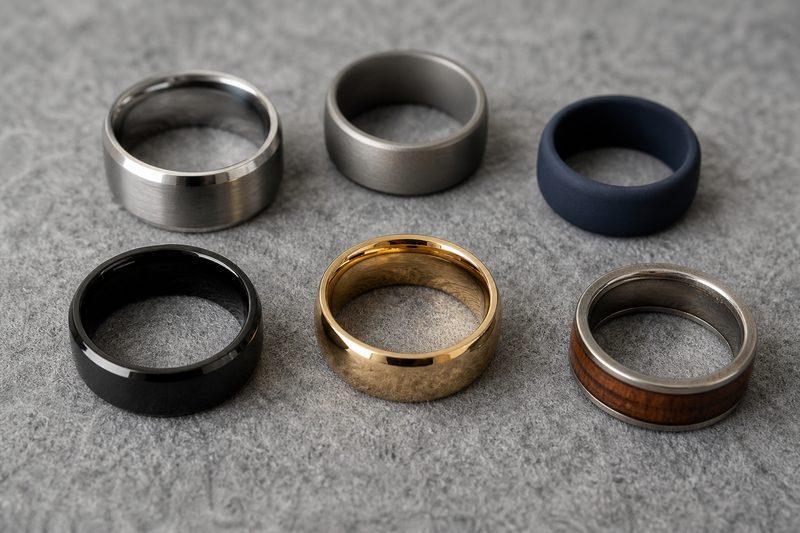 Collection of varied men's rings including tungsten, titanium, silicone and wood inlay