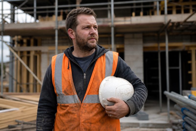 Builder in high-vis workwear holding a hard hat with a wedding band visible