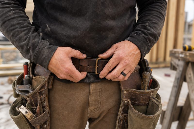 Tradesman's hands buckling a tool belt wearing a durable dark wedding ring