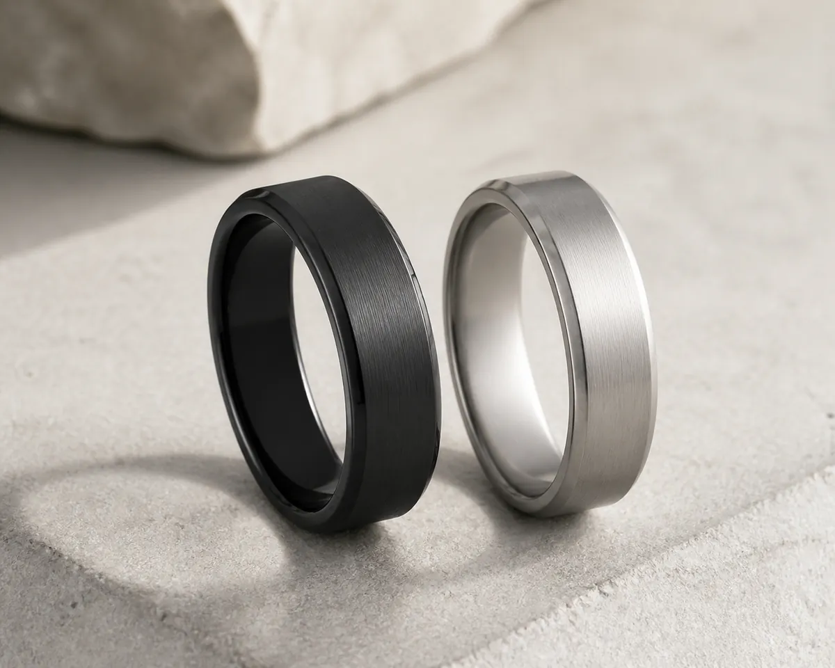 black zirconium vs titanium rings nz — styled product photo