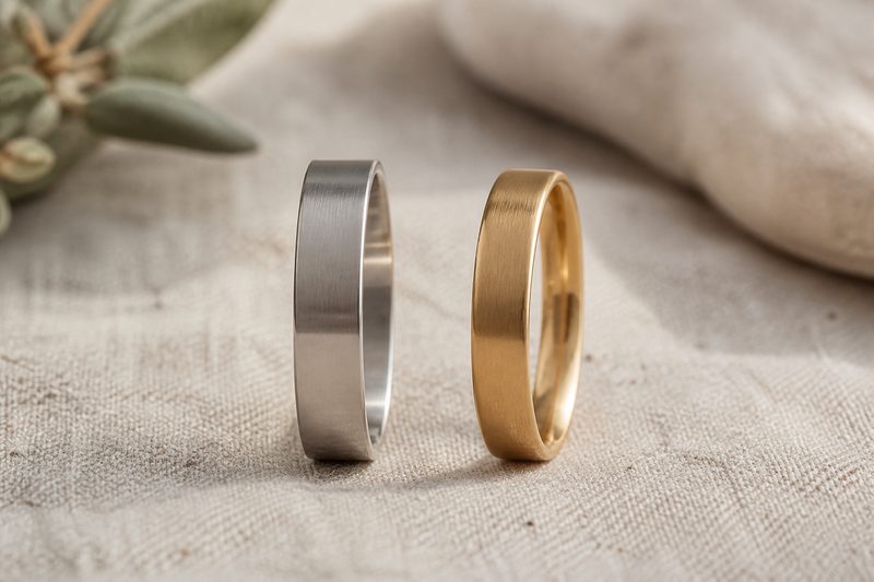 Two men's wedding bands upright on linen showing different interior profiles