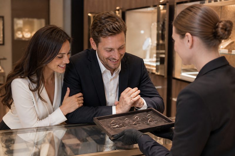 Couple at a jewellery counter as the jeweller presents a tray of wedding bands