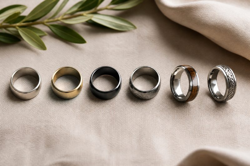 Men's wedding bands arranged in a row from simple to ornate on linen