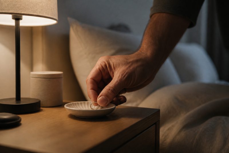 Man placing his wedding ring into a ring dish on a bedside table