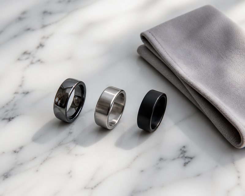 Tungsten, titanium and black zirconium rings beside a folded polishing cloth