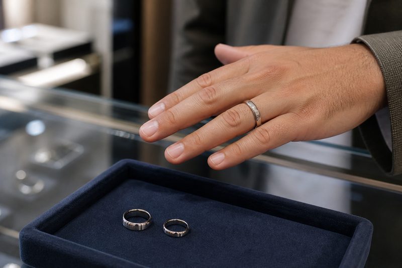 Man trying on a wedding band at a jeweller's counter with different widths on the tray
