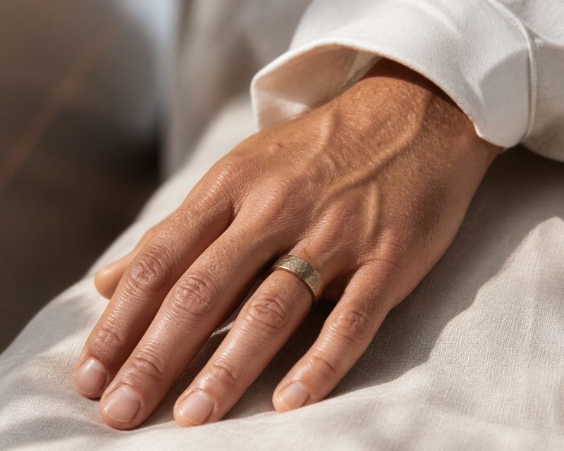 Male hand wearing a hammered-texture wedding band in soft window light