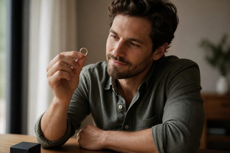 Man examining a wedding ring's finish between thumb and forefinger