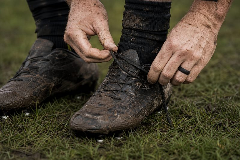 Hands lacing rugby boots on grass wearing a silicone wedding ring