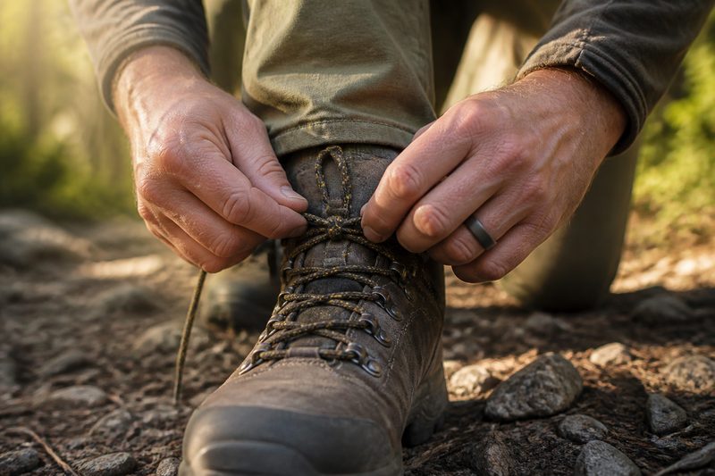Hands tying a hiking boot lace with a matte wedding ring on the ring finger