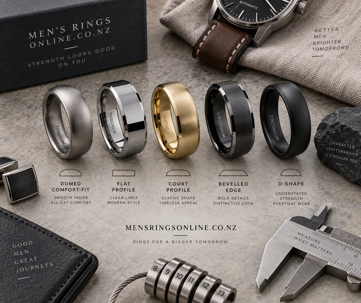 wedding ring profile shapes men — close-up detail