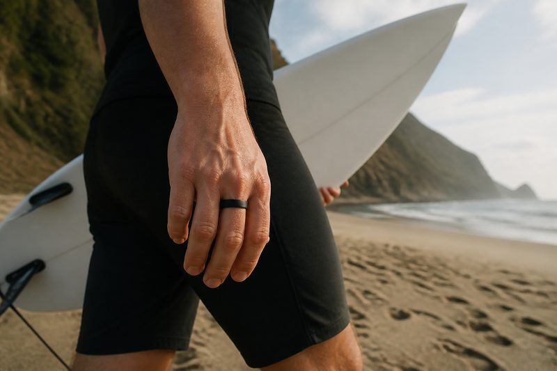 Surfer carrying a board on a New Zealand beach wearing a matte black silicone wedding ring
