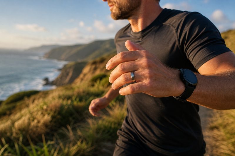 Man trail running on a New Zealand coastal track wearing a brushed titanium wedding band