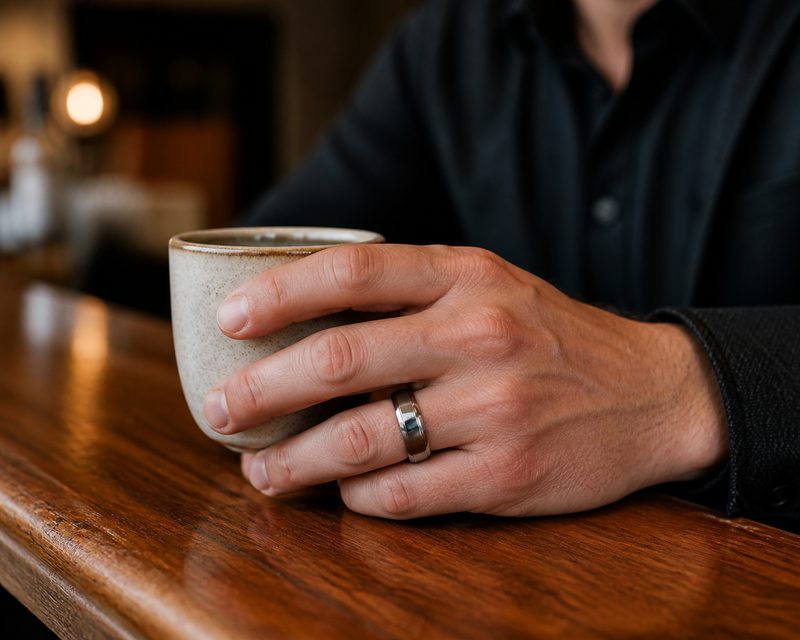 Man's hand with a polished bevelled tungsten carbide ring resting on a wooden table