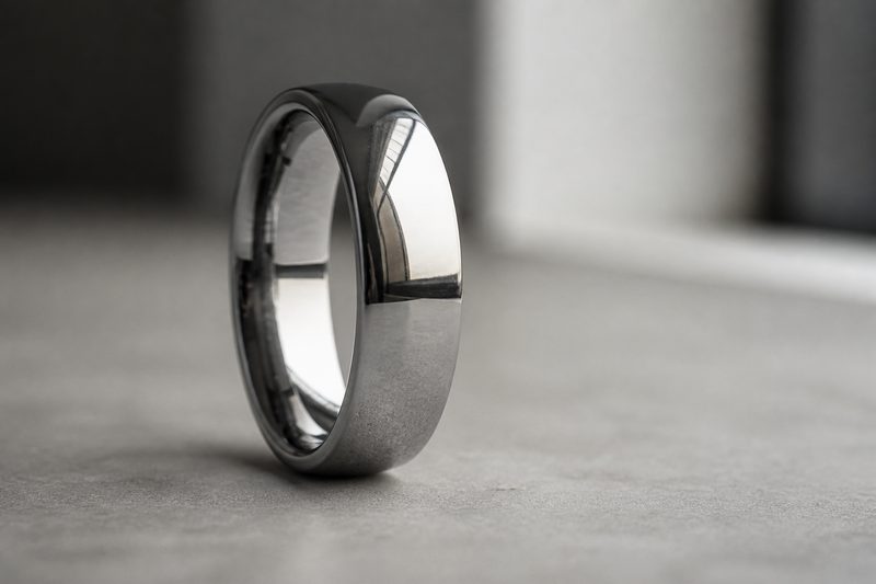 Close-up of a polished tungsten men's wedding ring standing on concrete