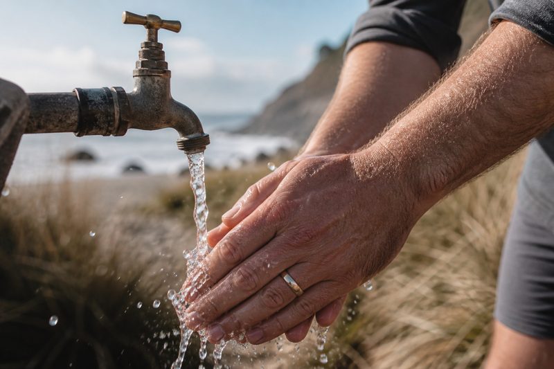Man rinsing his hands at an outdoor tap after a beach walk, wedding band on finger