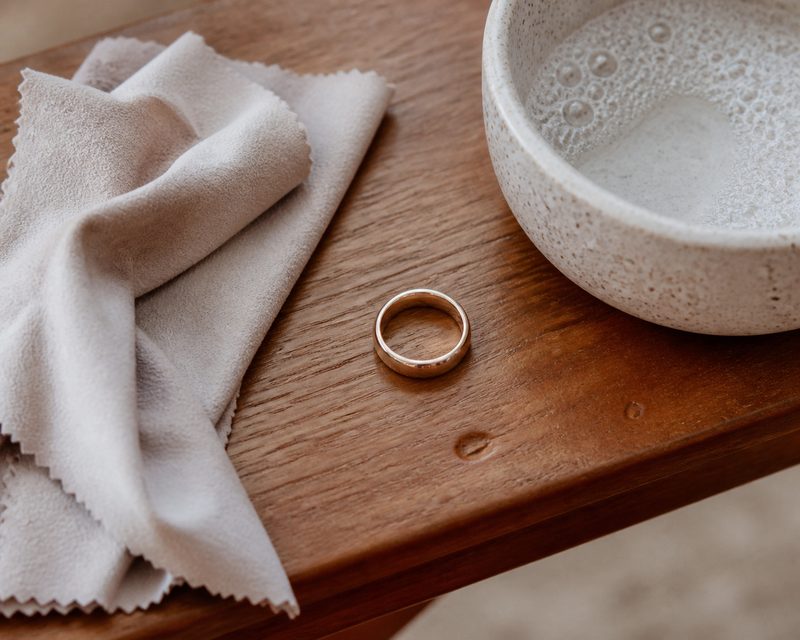 Men's wedding ring beside a polishing cloth and bowl of soapy water