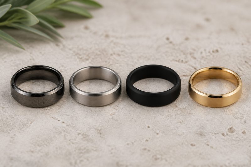 Four men's wedding bands in tungsten, titanium, silicone and gold tones side by side